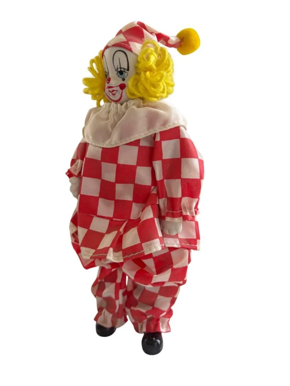 Vintage Red & White Harlequin Checkeredboard Clown Doll Yarn Hair Figurine - Picture 3 of 14
